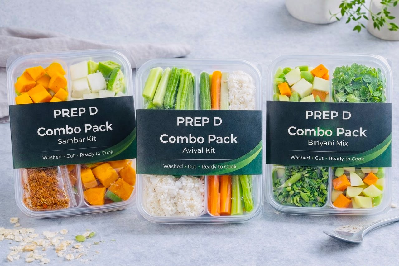 Three Prep D Combo Packs side by side — Sambar Kit, Aviyal Kit and Biriyani Mix