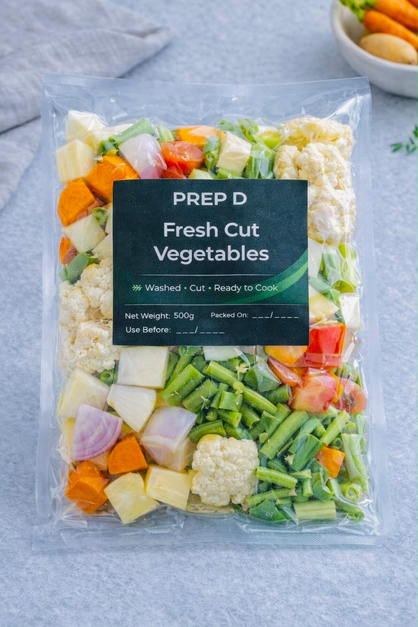 Prep D Fresh Cut Vegetables — vacuum sealed 500g pack of washed, cut carrot, cauliflower, beans, onion and capsicum