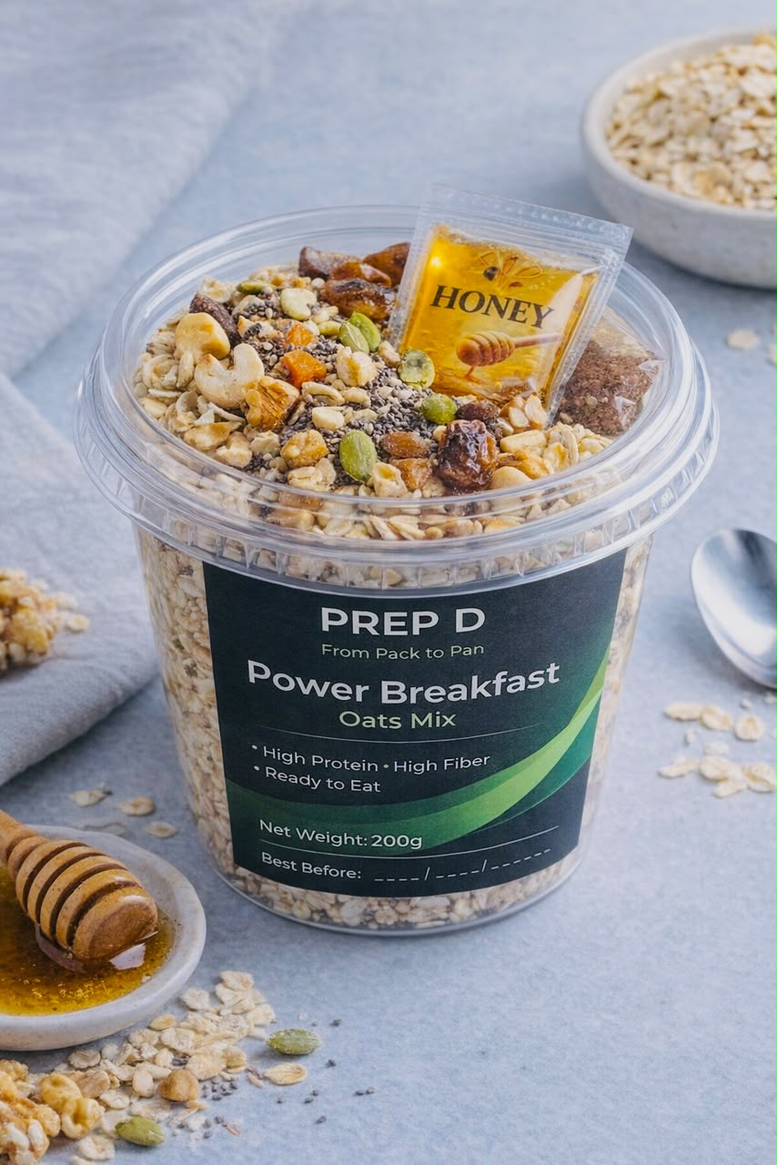 Prep D Power Breakfast Oats Mix — 200g cup with nuts, seeds and a honey sachet