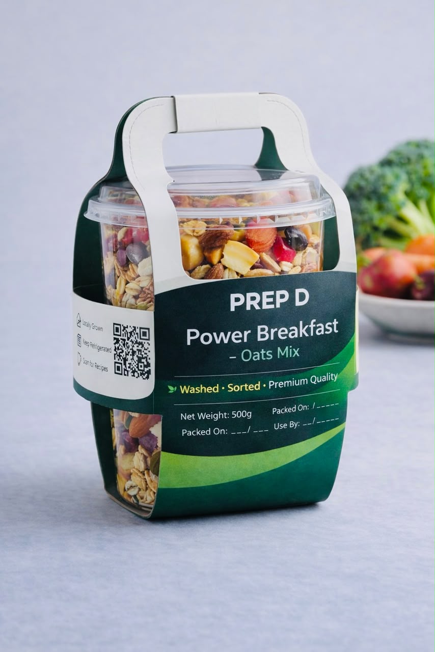 Prep D Power Breakfast Oats Mix — 500g carry pack with a QR code to scan for recipes