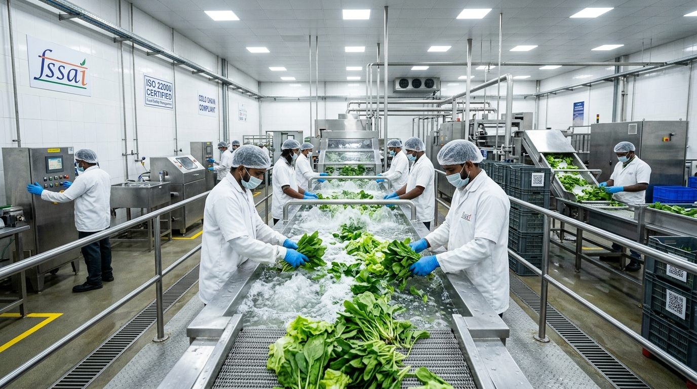 Stainless-steel cold prep room where vegetables are washed and cut